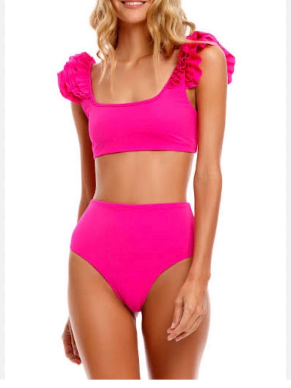 Agua Bendita Hot Pink Ruffled Shoulder High-Waist Bikini